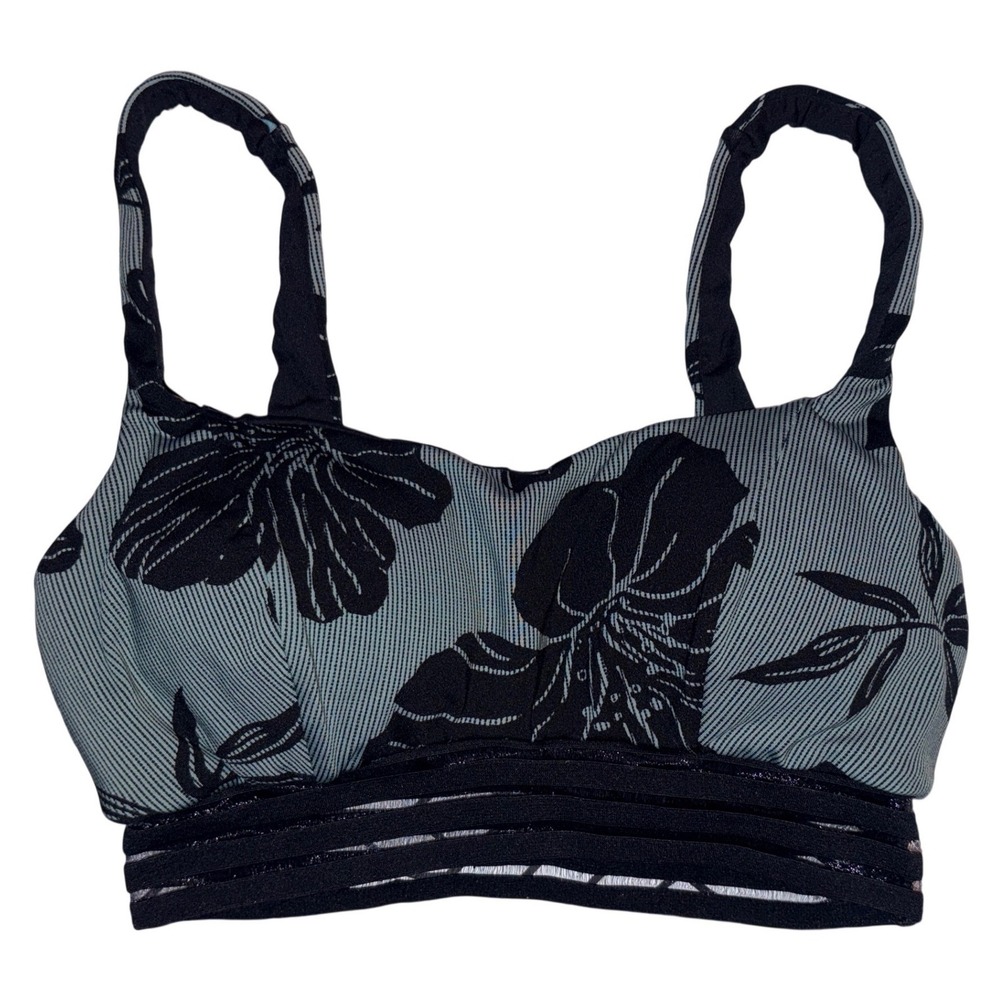 Womens Black Olive Green Floral Padded Sports Bra, Size Medium